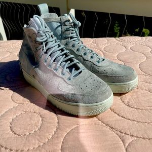 Women’s Nike Air Force Ones, Gray Suede with back zippers.